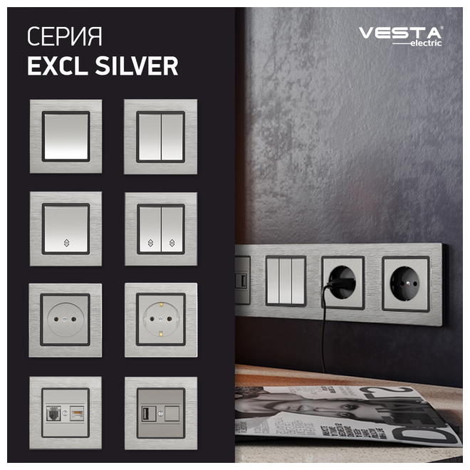 Розетка Vesta-Electric Exclusive Silver Metallic одинарная с заземлением (без рамки) - фотография № 2