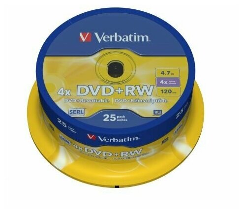 Диск DVD+RW Verbatim 43489 4.7ГБ, 4x, 25 шт, Cake Box