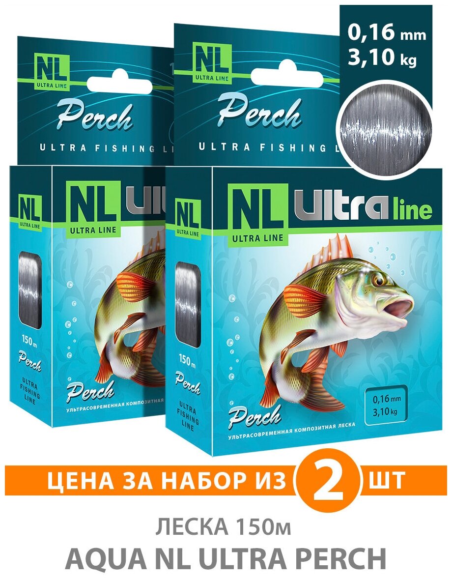 Леска для рыбалки AQUA NL ULTRA PERCH (Окунь) 150m, 0,16mm, 3,10kg / для спиннинга, фидера, удочки, троллинга / светло-серый (набор 2 шт)