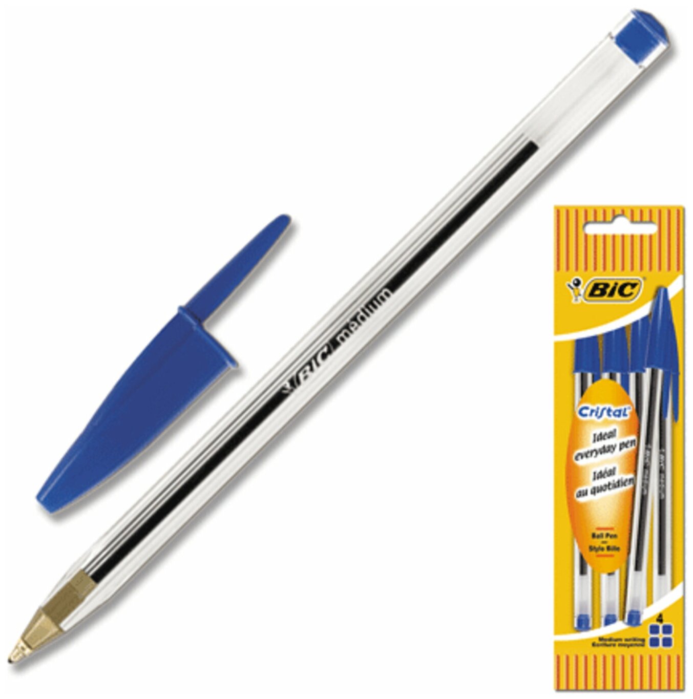 Ручки шариковые BIC набор 4 шт, Cristal original, пластиковая упаковка с европодвесом, синие