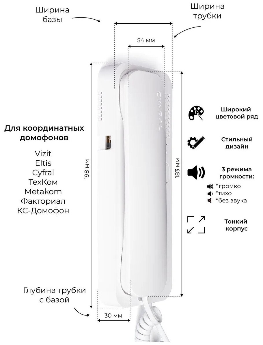 Цифрал Unifon Smart U трубка домофона (для координатных домофонов CYFRAL, ETLIS, метаком, VIZIT) -белая