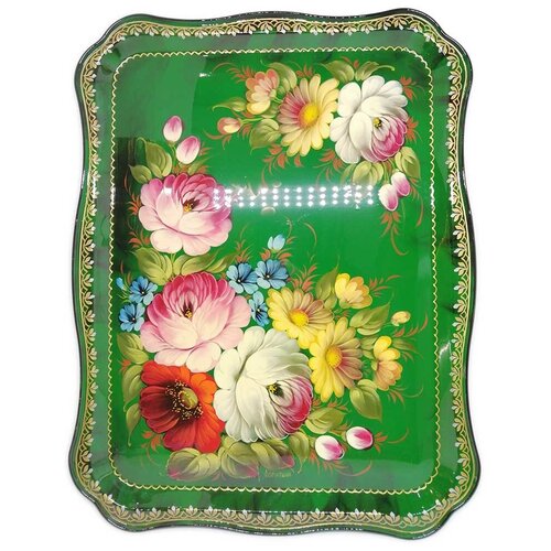 Поднос в стиле жостово зеленый прямоугольный 46х37