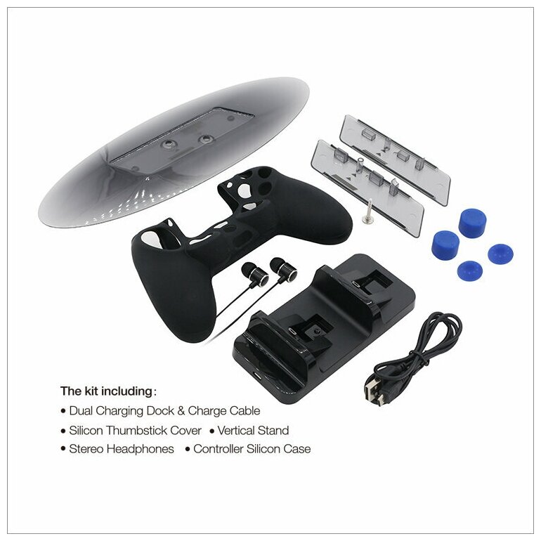 Вертикальная подставка, зарядная станция для геймпадов dualshock 4, накладки на стики, наушники, силиконовый чехол для Sony Playstation 4 Ps4 Fat / Slim / Pro Super Game Kit DOBE TP4-1751