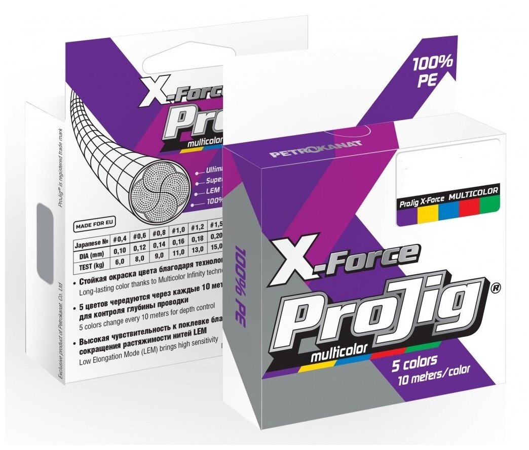 Плетеный шнур ProJig X-Force Multicolor 020 мм тест 150 кг длина 100 м