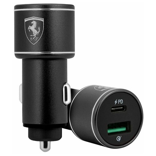 Автомобильная зарядка Ferrari Dual Port Type-С+USB Quick Charge 36W, черная