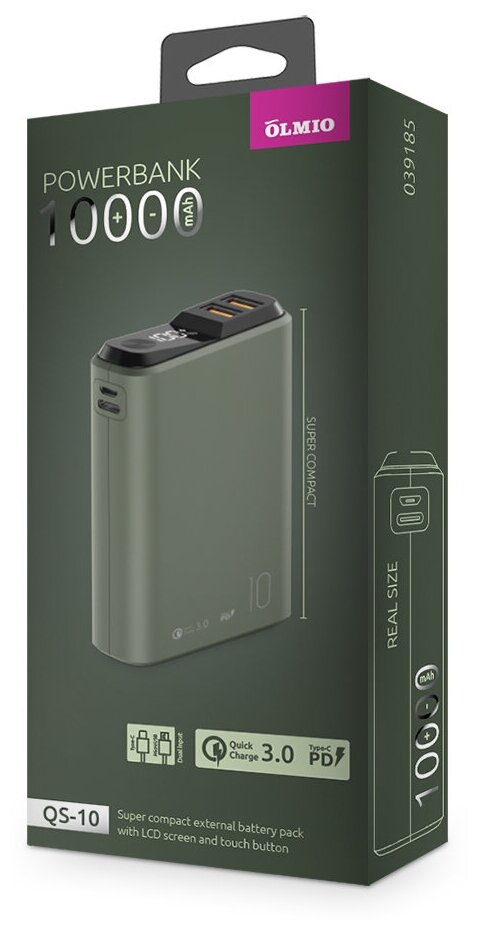 Внешний аккумулятор Power bank QS-10/ 10000 mAh / быстрая зарядка QuickCharge3.0 и PowerDelivery 18 W / пауэрбанк / LCD дисплей / темно-зеленый
