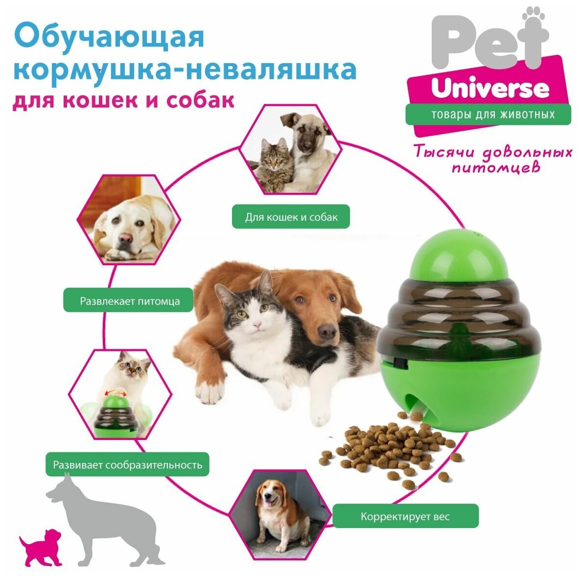 Развивающая игрушка для собак и кошек Pet Universe, головоломка, обучающая неваляшка кормушка дозатор, для медленной еды и лакомств, IQ PU1006GN - фотография № 7
