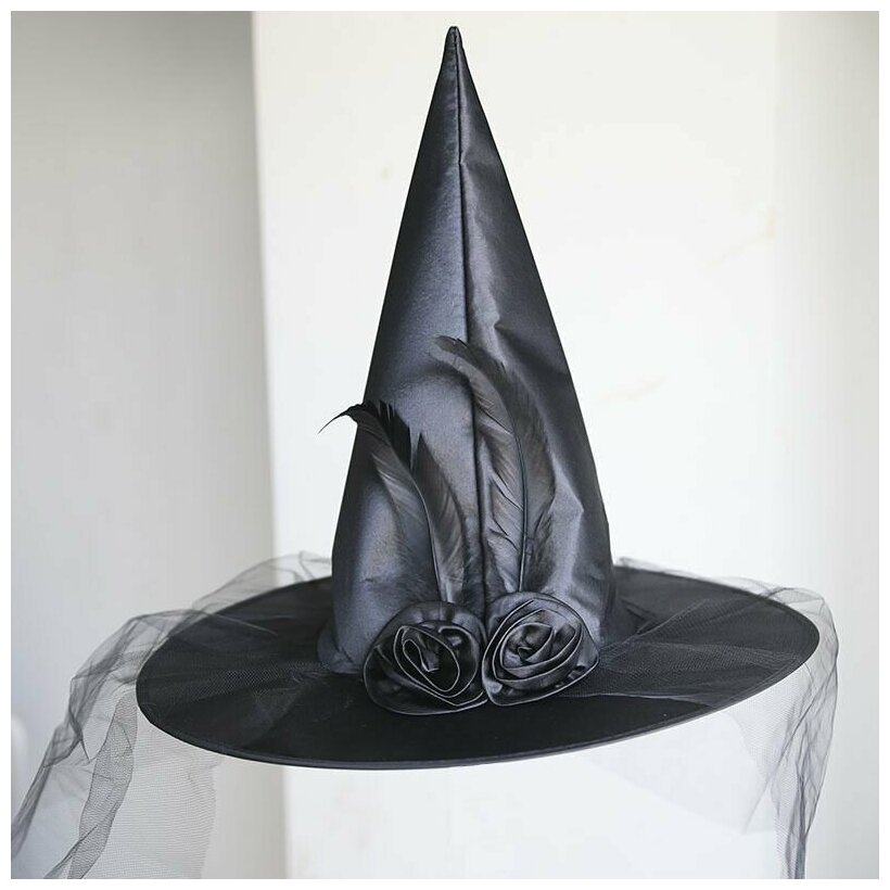 Шляпа Ведьмы Колпак Волшебника Чародейки с перьями черная