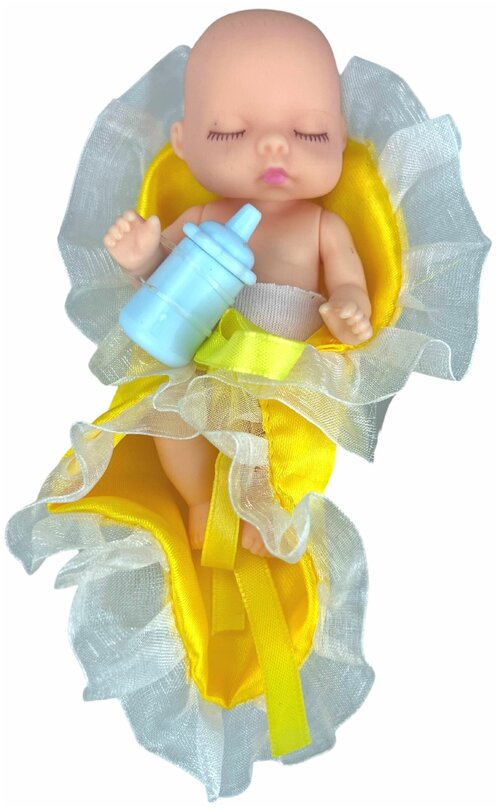 Пупсы для девочек, кукла, в желтом конверте с бантом, с бутылочкой, в шаре, диаметр - 11 см.