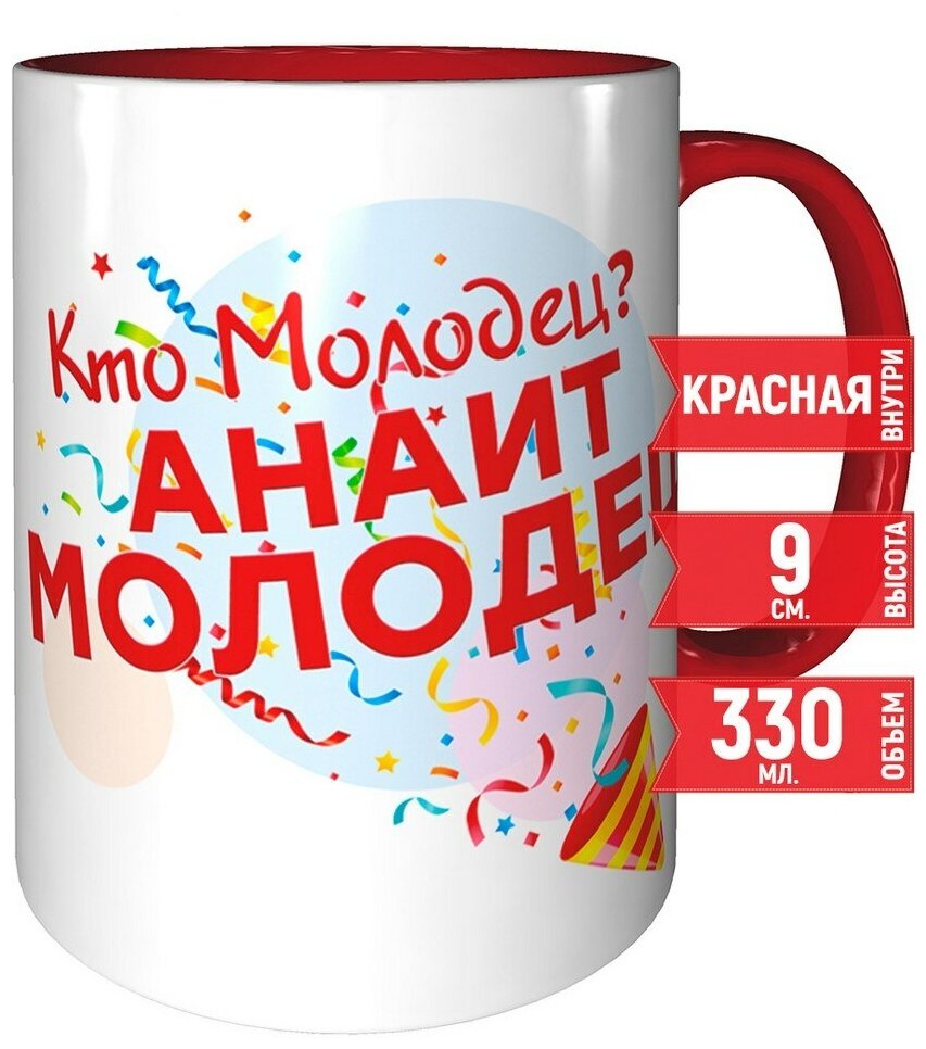 Кружка Кто молодец? Анаит молодец! - красный цвет ручка и внутри кружки.