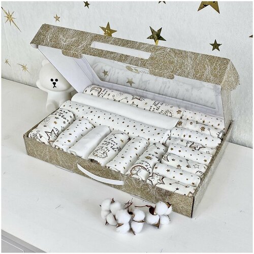 Комплект одежды  Natalis детский, чепчик и распашонка и пеленка и нагрудник и шапка и пинетки и боди и носки и комбинезон и пеленка-кокон и ползунки, повседневный стиль, подарочная упаковка, застежка под подгузник, манжеты, размер 0-6 мес. (56,62,68), экрю