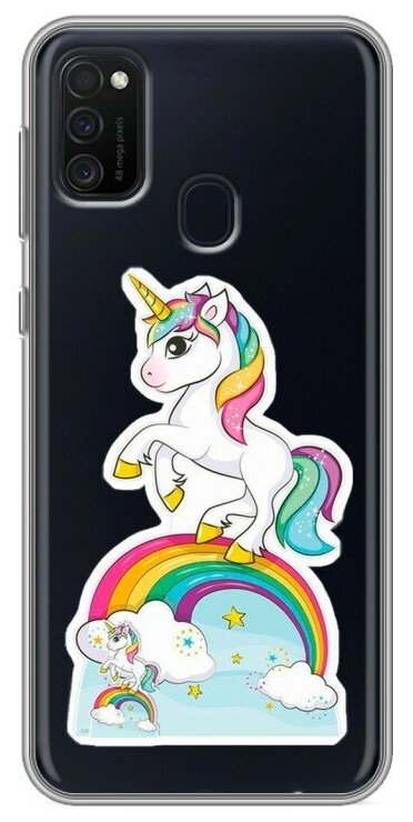 Полупрозрачный дизайнерский силиконовый чехол для Самсунг Гэлакси М21 / Samsung Galaxy M21 Единорог и радуга