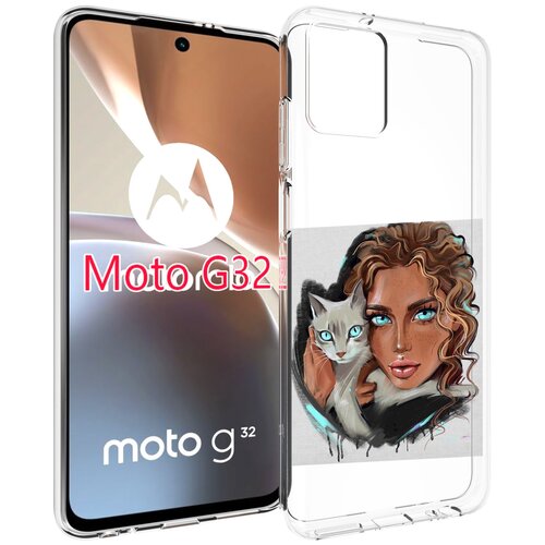 Чехол MyPads девушка-с-котом-голубые-глаза женский для Motorola Moto G32 задняя-панель-накладка-бампер