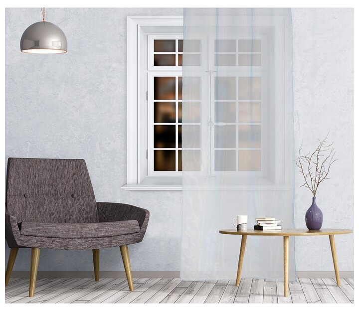 фото Штора тюль 145х260 см, органза, цвет голубой, на шторной ленте, 100% полиэстер