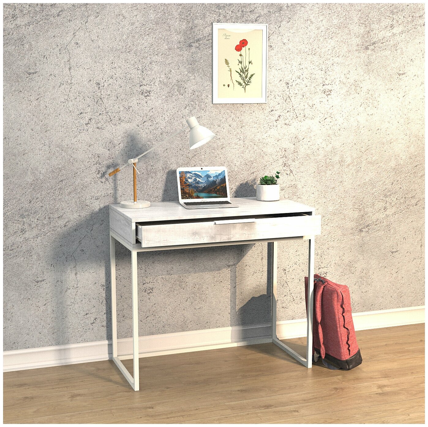 Столик туалетный, стол письменный с ящиком Сканди Make Mebel 90*45*78 см Белый бетон пайн - фотография № 1