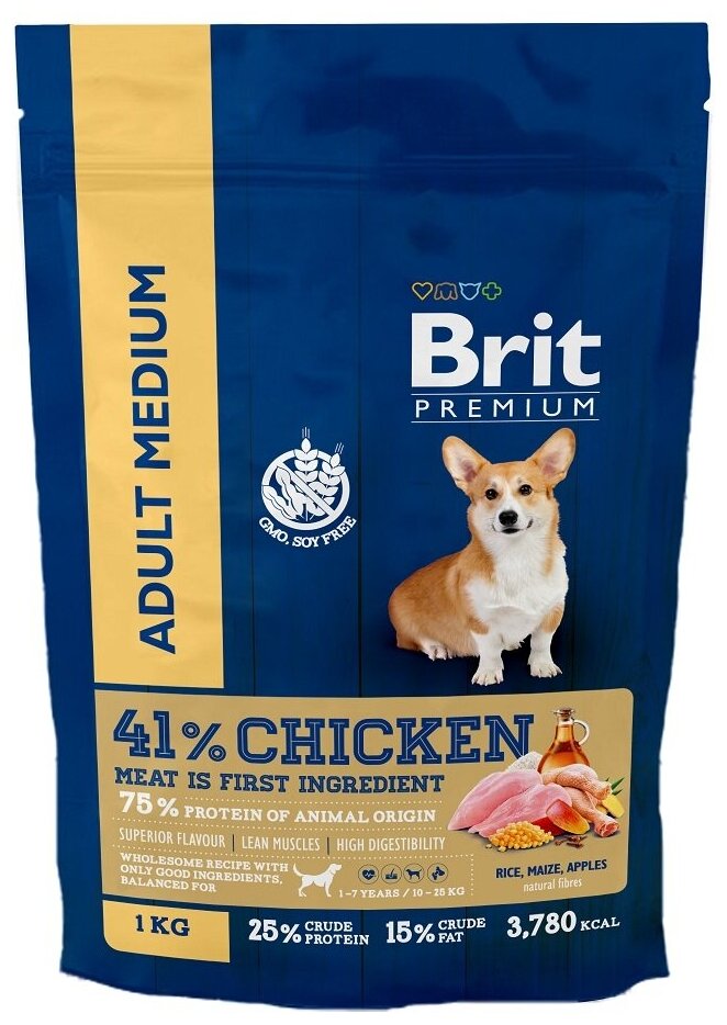 BRIT 1кг Корм для собак средних пород (10–25кг) с курицей Premium Dog Adult Medium