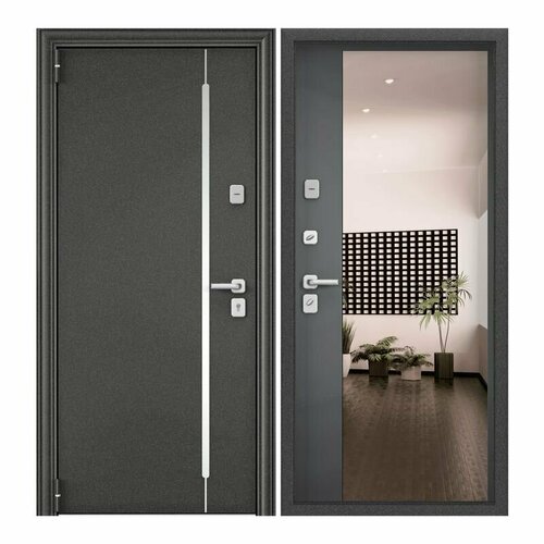 Дверь входная для квартиры Torex Comfort X 880х2050 левый, тепло-шумоизоляция, антикоррозийная защита, замки 4-ого класса, зеркало, серый