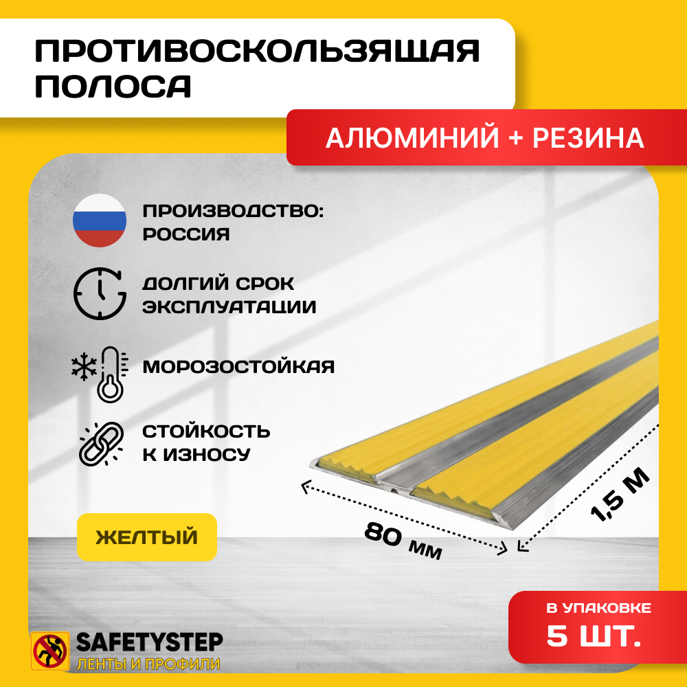 Алюминиевая полоса-порог с 2 резиновыми вставками, цвет вставки желтый, длина 1.5 метра, 5 штук