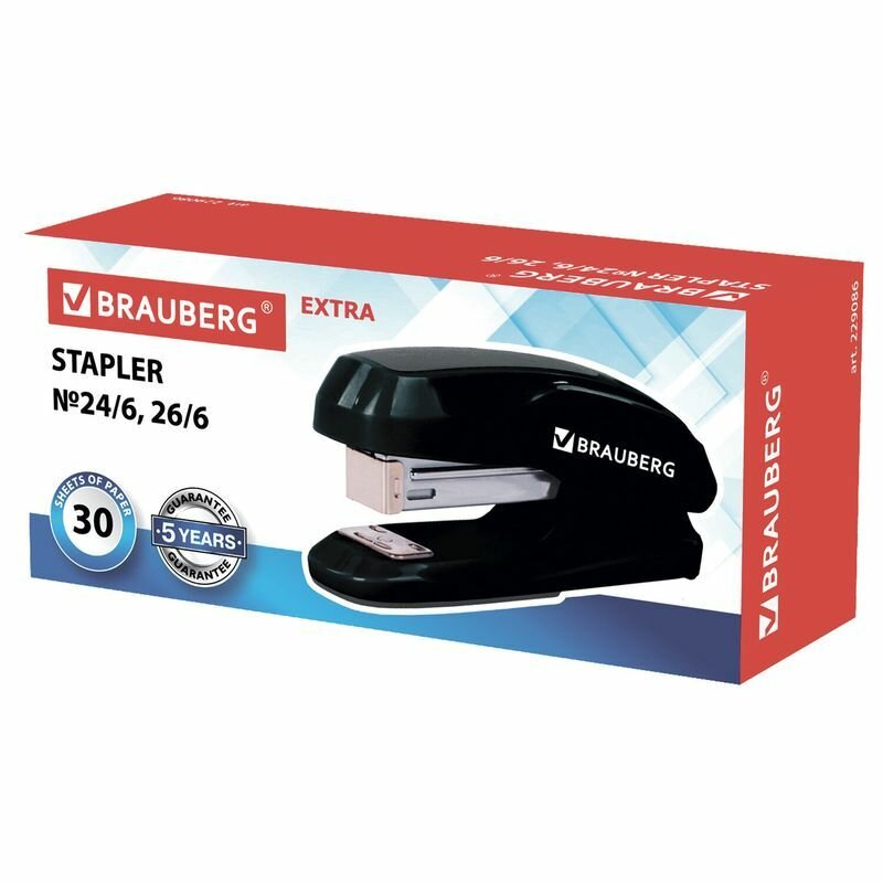 Степлер №24/6, 26/6 BRAUBERG "Extra", до 30 листов, черно-серый — фото 1