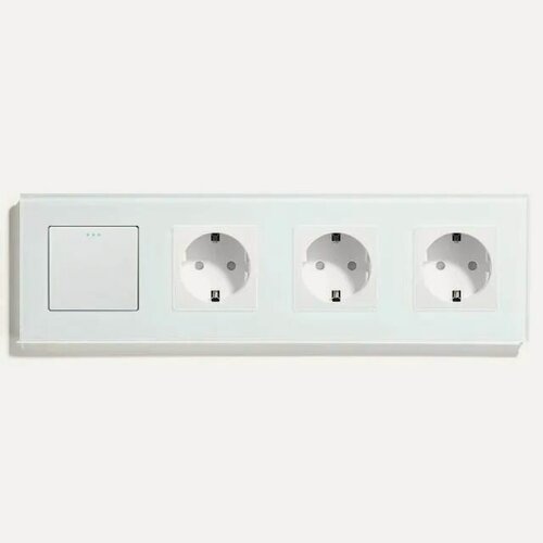 Изображение товара Выключатель с розеткой, 1 клавиша 3 розетки, 4 поста (M1+3F) рамка стекло 299х86мм цвет белый