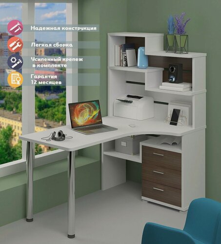 Изображение товара Стол компьютерный Мэрдэс СР-132-150 беш-прав Белый/Шамони-Ч с надстройкой