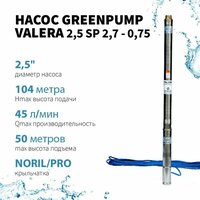 Скважинный насос 2, 5 SP 2.7-0.75 VALERA GREENPUMP 2.5 дюйма 64мм H 104м 2.7м3 час каб.50м