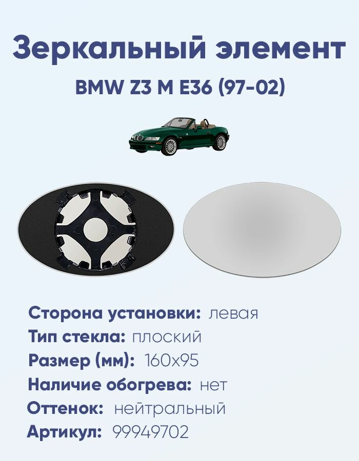 Зеркальный элемент левый BMW Z3 M E36 (97-02) плоский нейтральный без обогрева