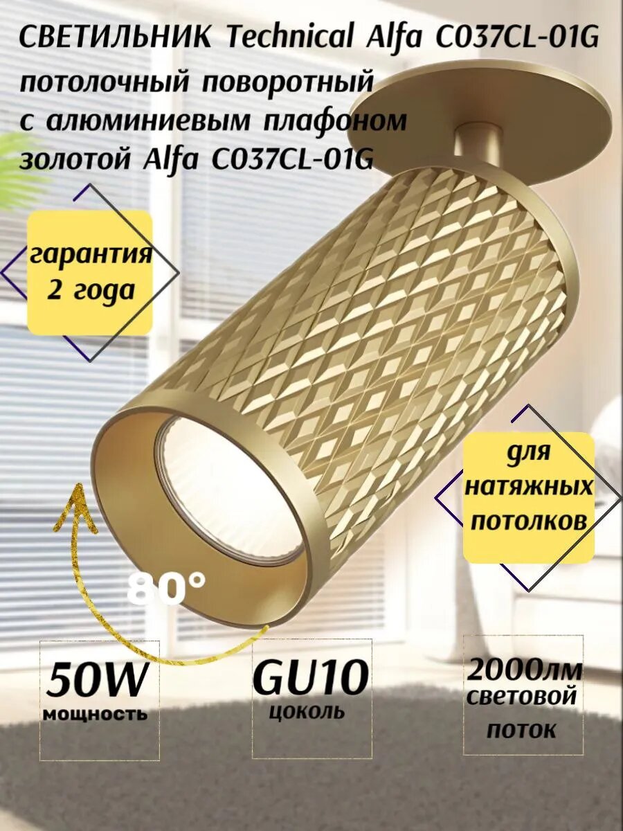 Светильник Technical Alfa C037CL-01G поворотный GU10 для гостиной
