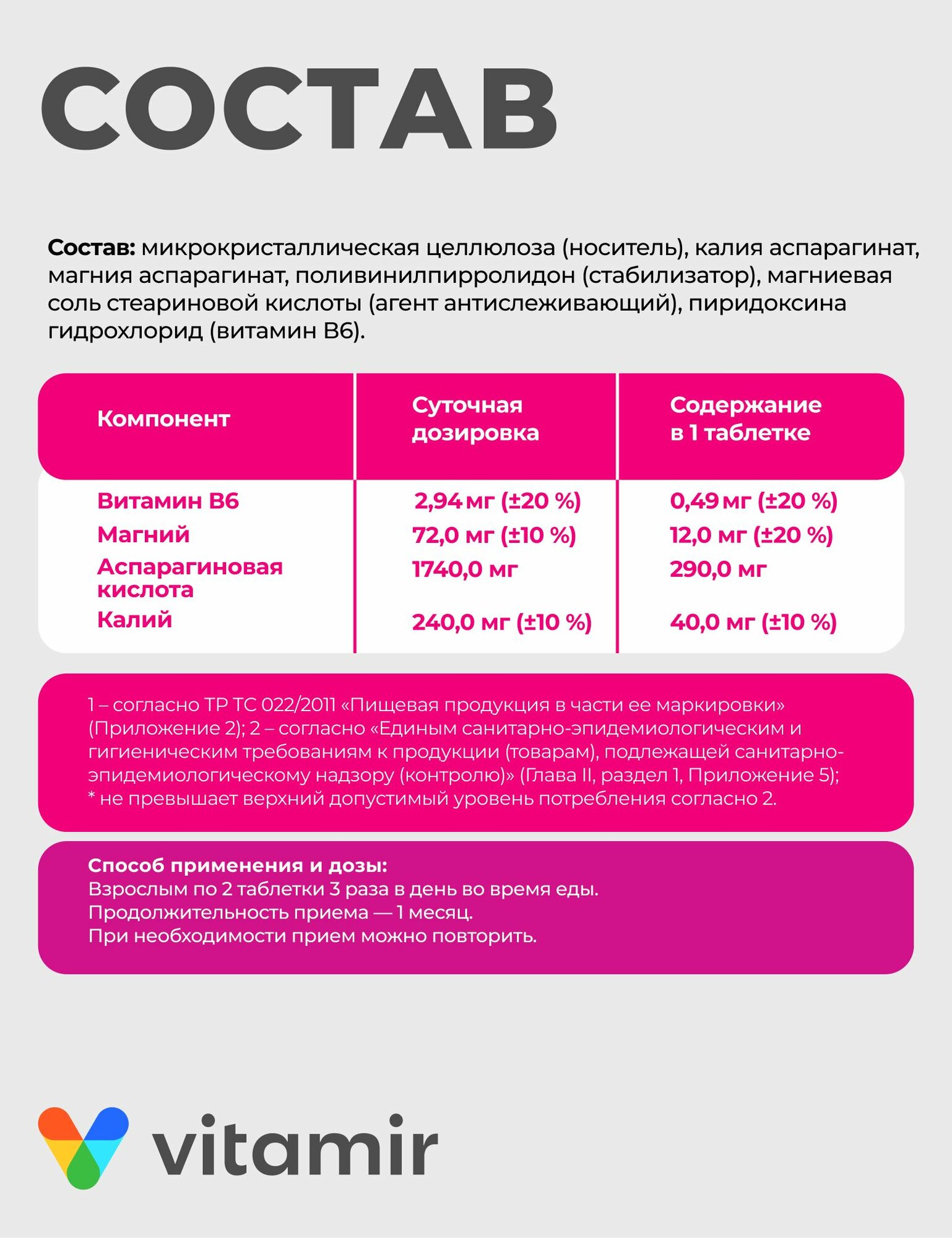 Изображение Калий+Магний аспарагинат VITAMIR / Витамины для сердца и сосудов / 60 таблеток