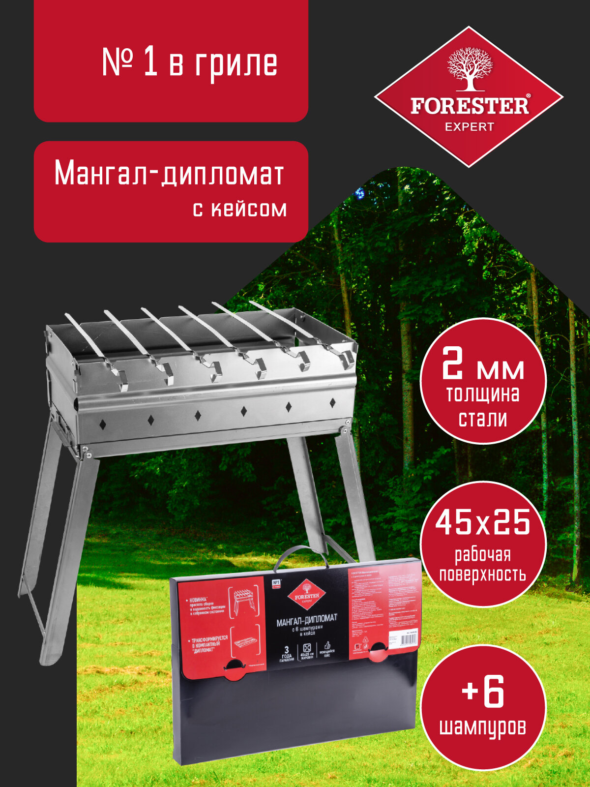 Мангал Forester со складными ножками с 6 шампурами 45х25 см в кейсе