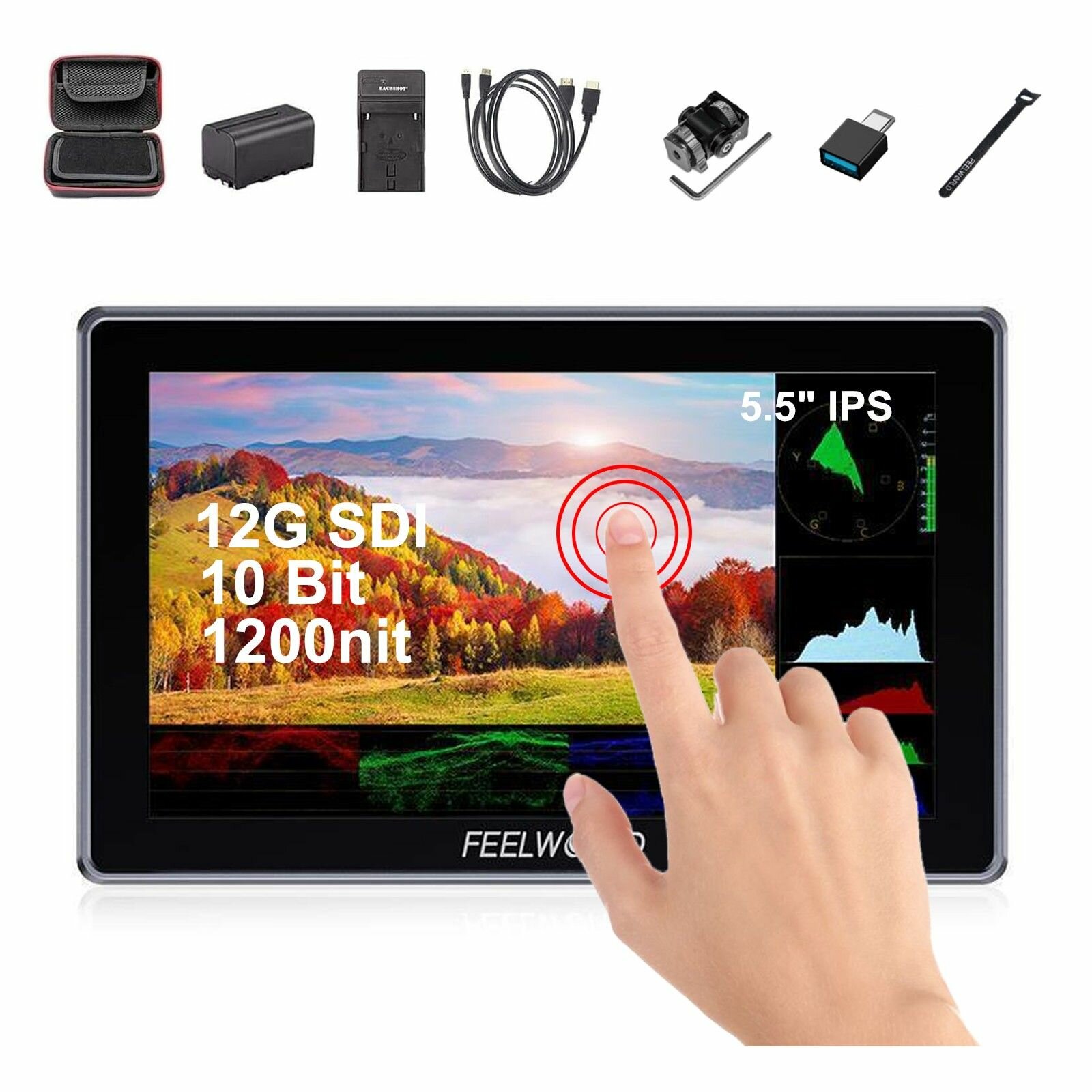 FEELWORLD H5 + NP-F970 аккумулятор, зарядное устройство, футляр для хранения, 5,5-дюймовый 12G SDI HDMI2.0 полевой монитор, алюминиевый 1200нит сенсорный экран, накамерный