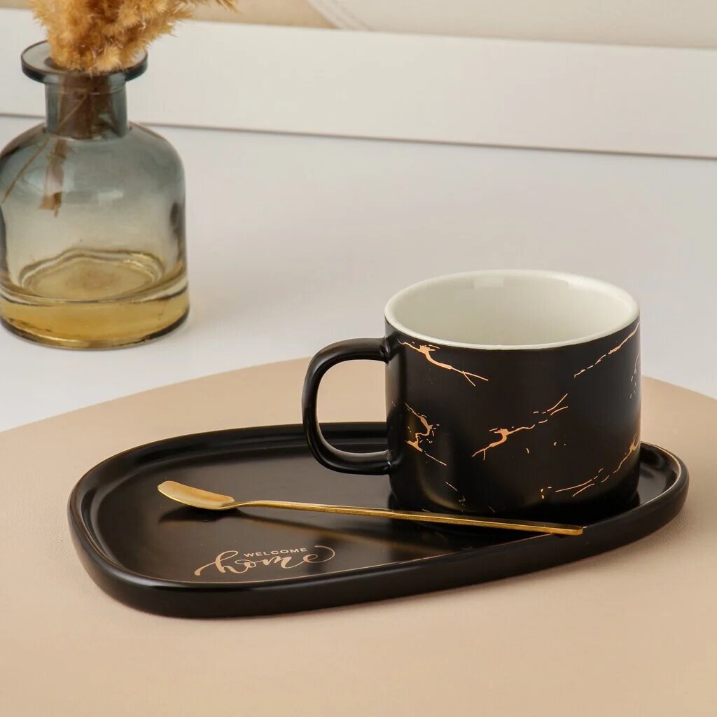 Чайная пара керамика, 3 предмета, на 1 персону, 200 мл, Черный мрамор, Y6-10247, подарочная упаковка