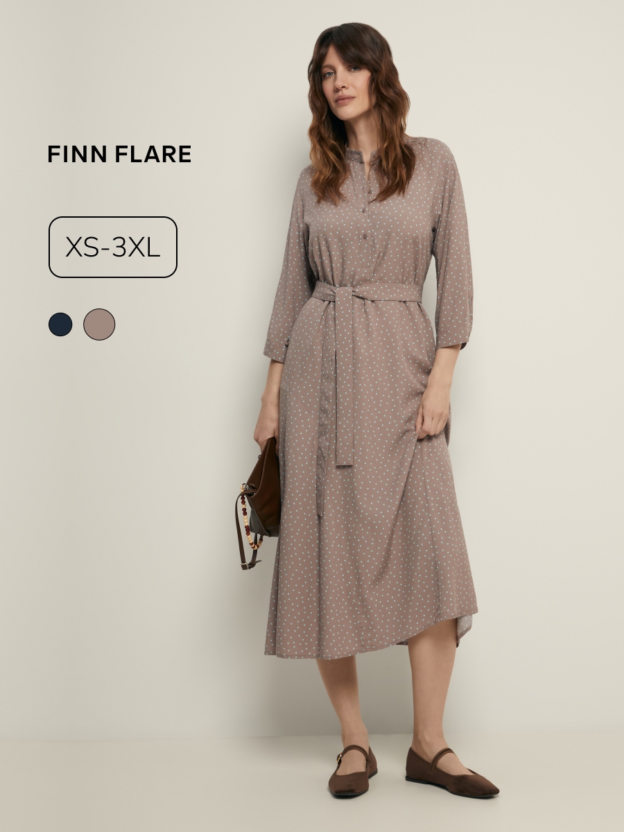 Платье FINN FLARE миди с длинным рукавом, размер XS(164-84-90), серо-бежевый