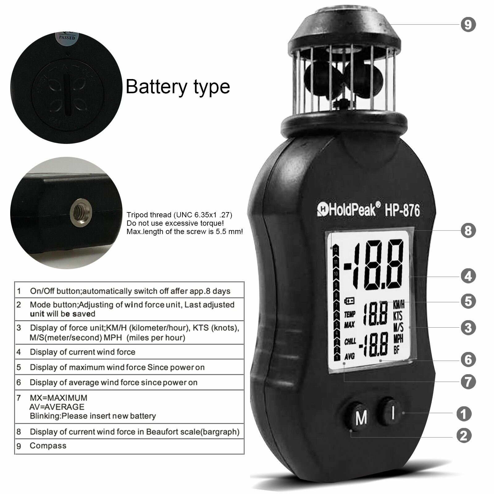 OZ-URJSH HP-876 Портативный анемометр Цифровой анемометр Измерение скорости ветра