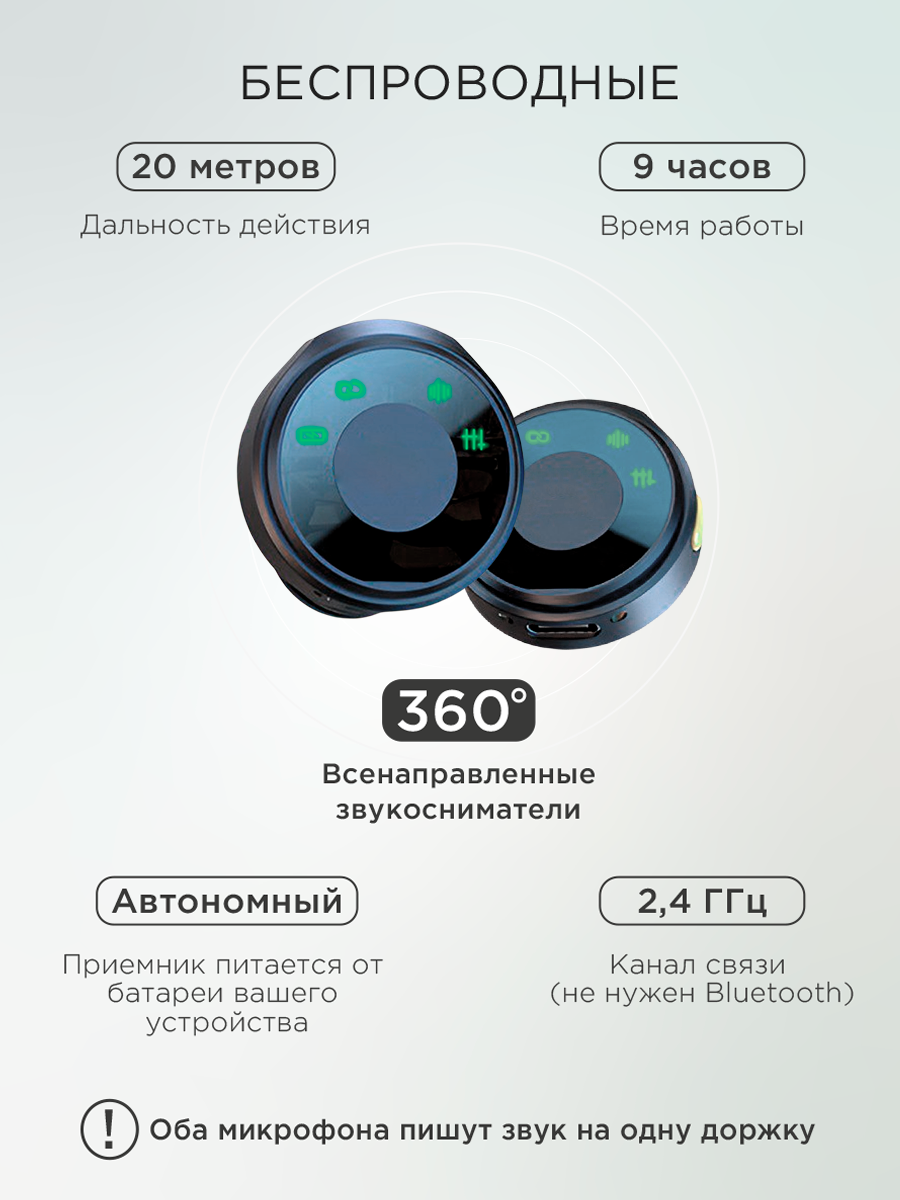 Петличный микрофон беспроводной, для iPhone/Android, шумоподавление, 2 шт. — фото 1