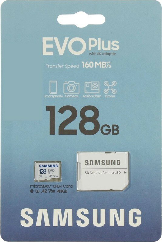 Карта памяти Samsung Evo Plus (MB-MC128SA/EU) 128GB microSDXC Class 10, A2, V30, UHS-I, W 90 МБ/с, R 160 МБ/с, адаптер на SD