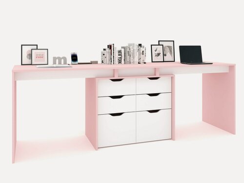 Изображение товара Компьютерный стол двойной, с тумбой, с ящиками Double Grand Лаворо 220х60х75 см (Розовый кварц/Белый)