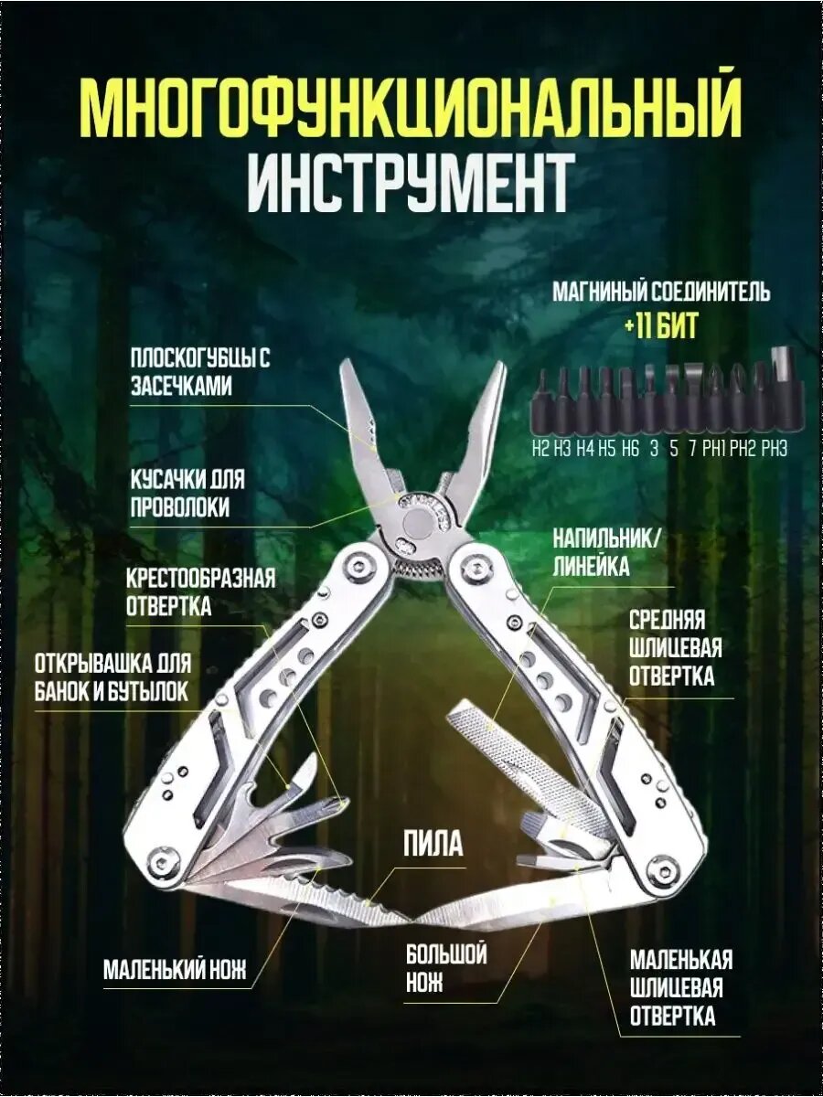 Мультитул 22 в 1 с насадками, пассатижи плоскогубцы, нержавеющая сталь — фото 1