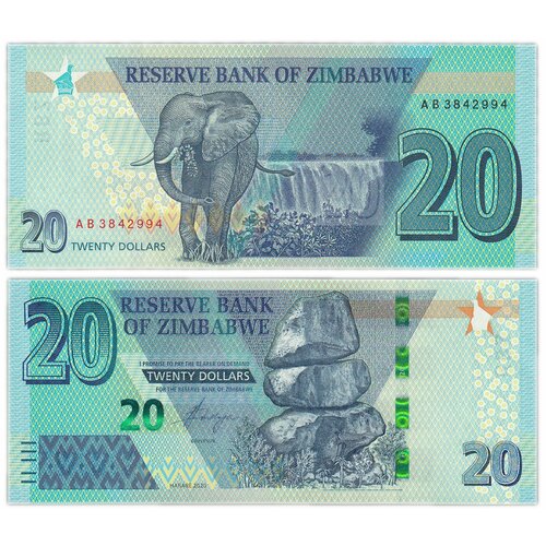 Банкнота Зимбабве 20 долларов 2020 год UNC зимбабве 20 долларов 2020 года водопад виктория слоны unc
