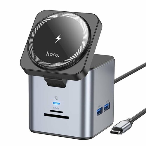 Разветвитель адаптер переходник концентратор Type-C HUB Хаб + держатель с функцией беспроводной зарядки HB49 9 в 1 металл серый