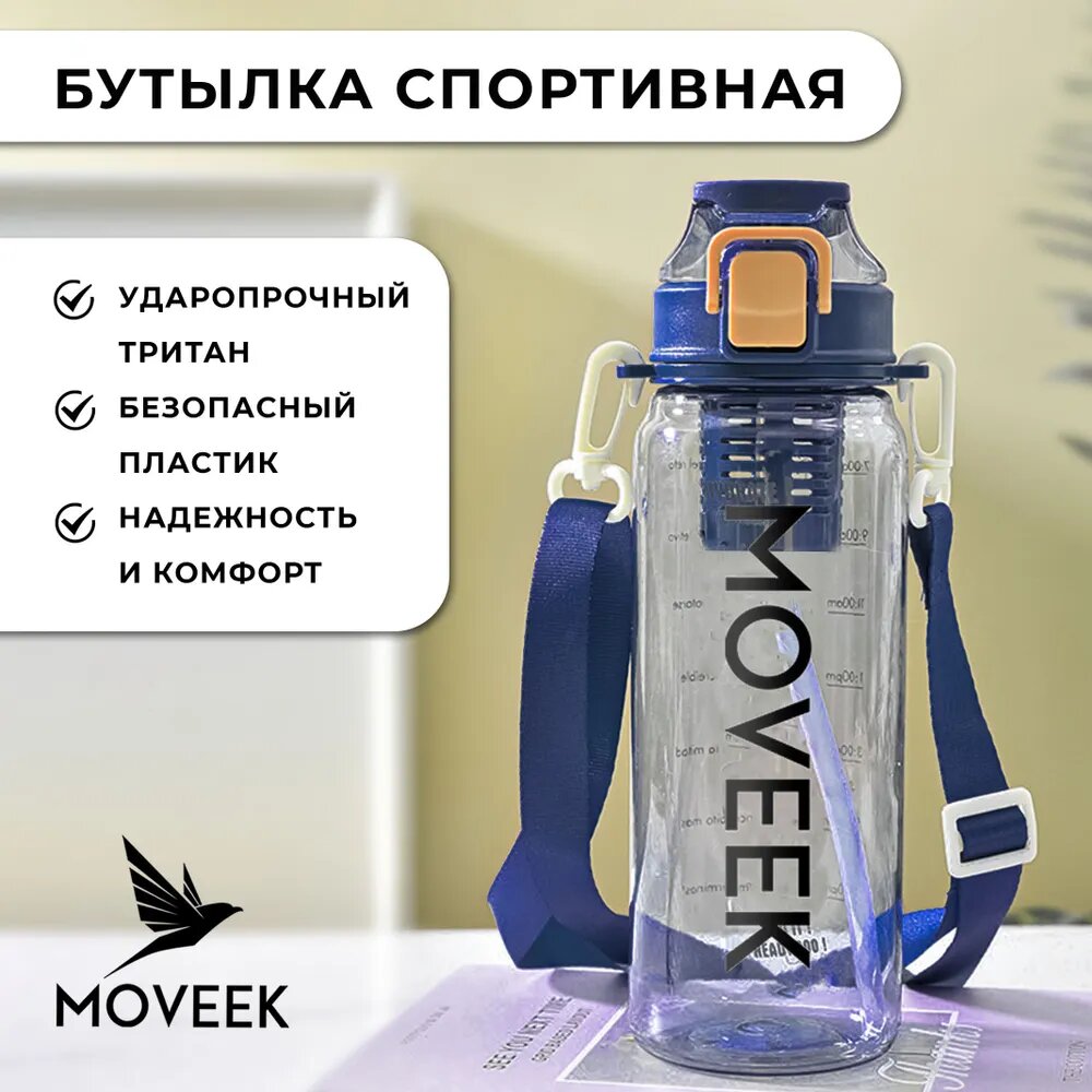 Спортивная бутылка из материала Тритан BPA FREE. Сеткой для чая и фруктов с ручкой и лямкой для ношения через плечо Фляга для спортзала 1500 мл синий цвет