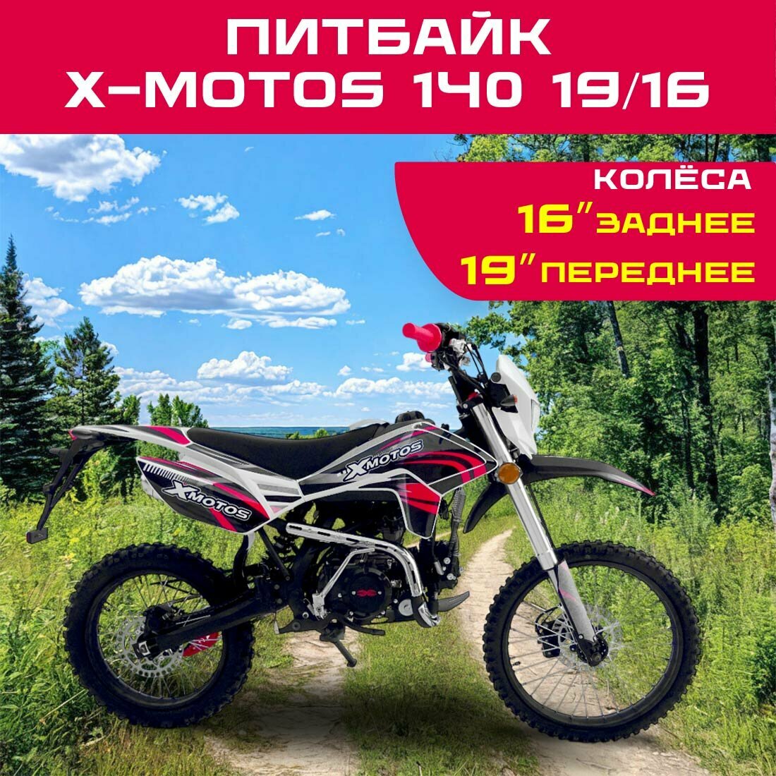 Питбайк X-MOTOS "140", 19" передняя звезда/16" задняя звезда, чёрный, с приборкой и светотехникой