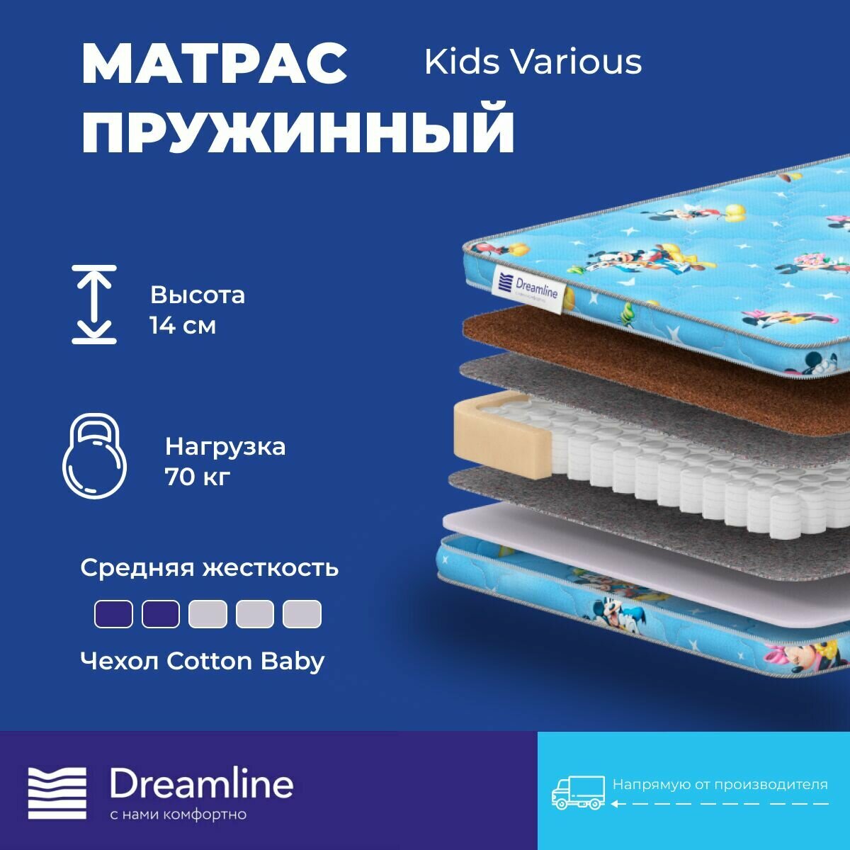 Матрас Dreamline Kids Various 60х120 высота 14 см анатомический средней жесткости кокосовый Независимые пружины