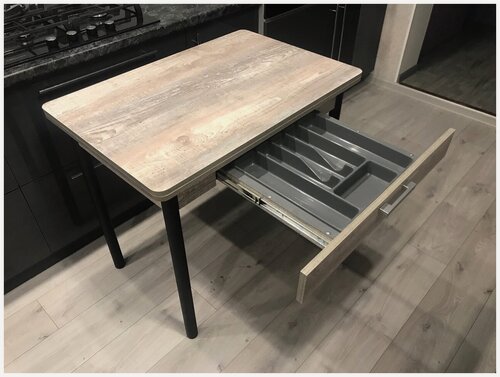 Изображение товара Стол обеденный раздвижной с ящиком для посуды 90 см на 60(120) см бетон темный