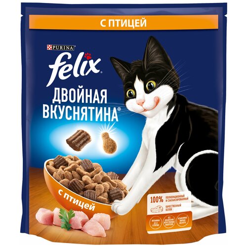 Сухой корм Felix Двойная Вкуснятина для взрослых кошек, с птицей, Пакет, 600г х 1 шт