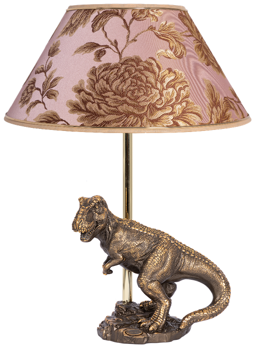 Настольная лампа Bogacho Динозавр Тирекс бронзовая с абажуром персикового цвета ручная работа