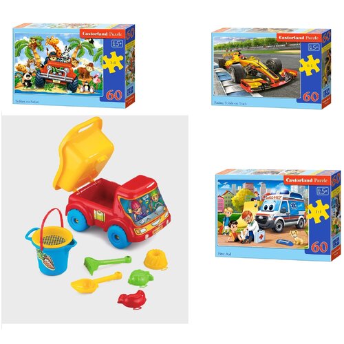 Машинка Бартек с песочным набором (900038) + набор пазлов машинки 5+ Castorland на 60 деталей (B-06793.B-066179.B-066193)