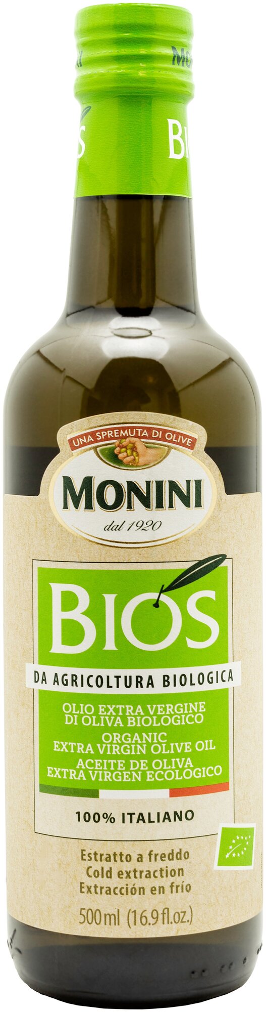 Масло оливковое Monini Bios premium Extra Virgin Organic нерафинированное высшего сорта первого холодного отжима Экстра Вирджин БИО, 0,5л