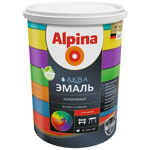 Эмаль акриловая (АК) Alpina Аква Эмаль глянцевая База 3, 3 (C/BC/D), глянцевая, бесцветный, 0.86 кг, 0.864 л