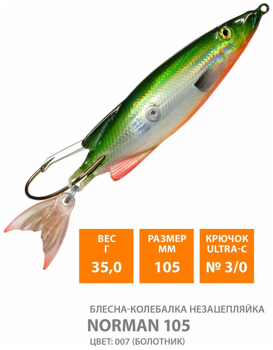 Блесна колебалка незацепляйка для рыбалки AQUA Norman 105mm 35g цвет 007